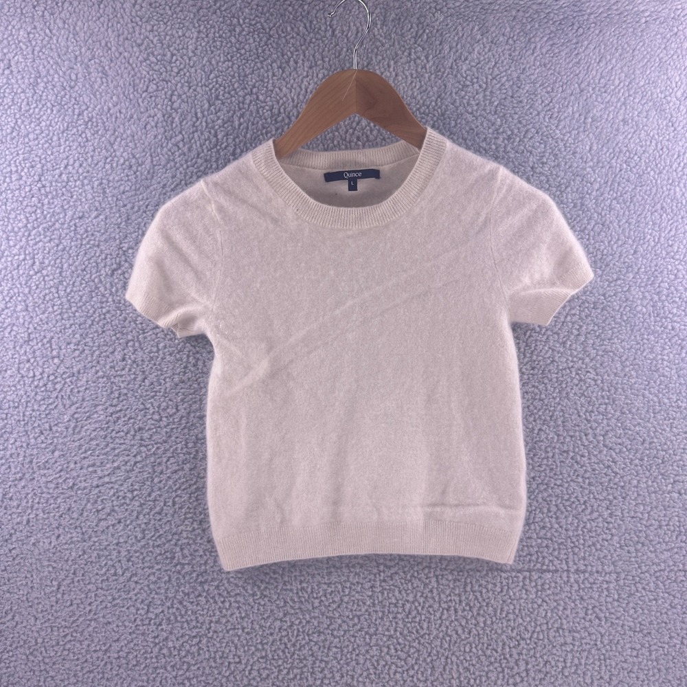 Quince Mongolian Cashmere Short Sleeve Sweater Ivory Cream Crew Neck Large